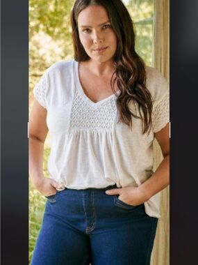 torrid Cream V-Neck Smocked Tunic Blouse